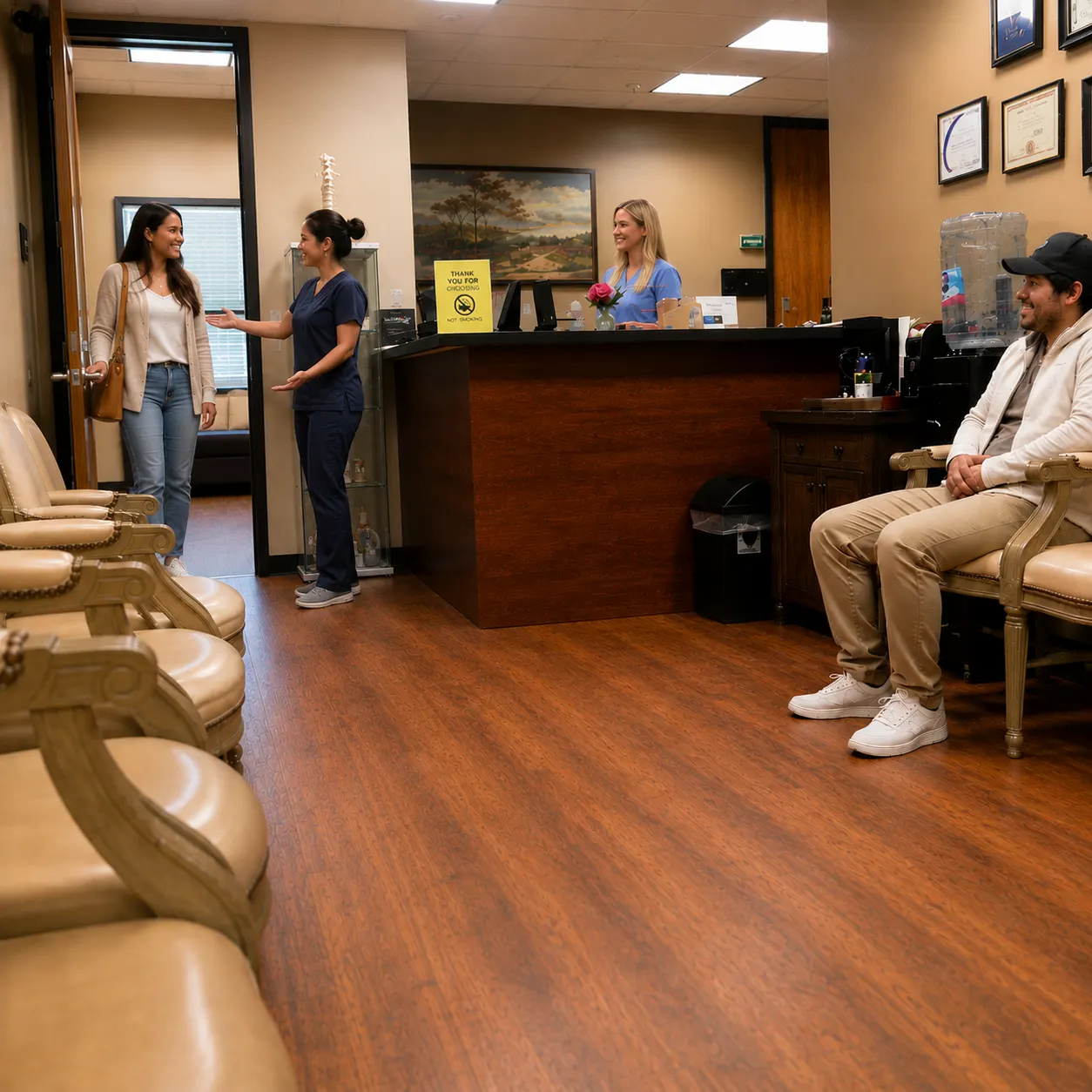 A patient being welcomed at the BioHealth Pain Management front desk