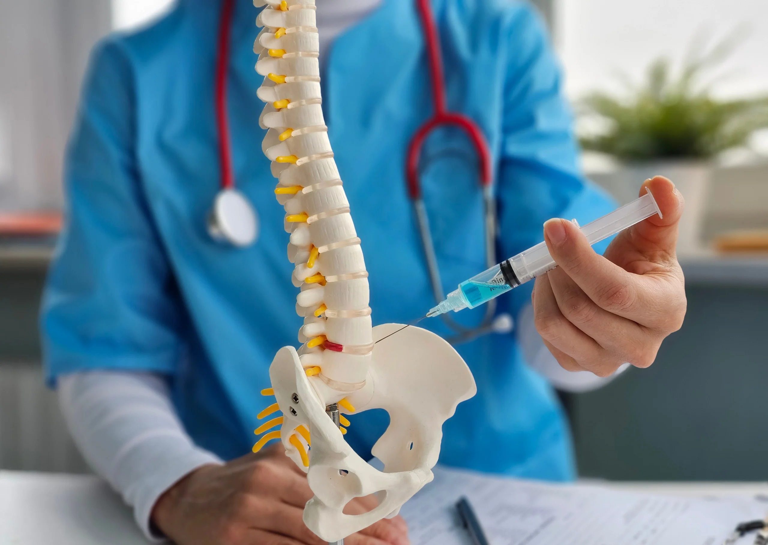 Medical professional demonstrating a lumbar facet joint injection on an anatomical spine model.