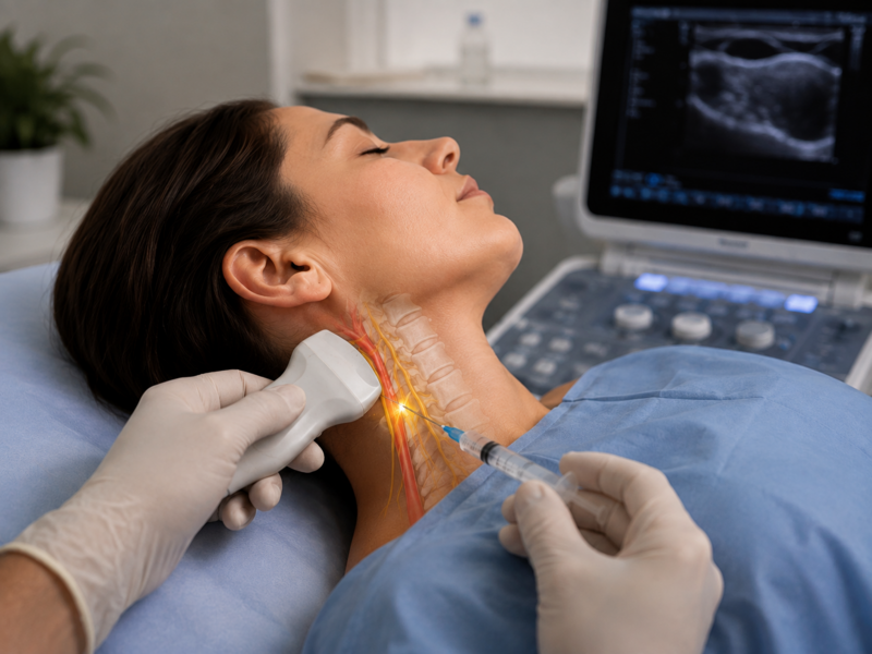 Physician performing an ultrasound-guided stellate ganglion block near a patient’s neck.
