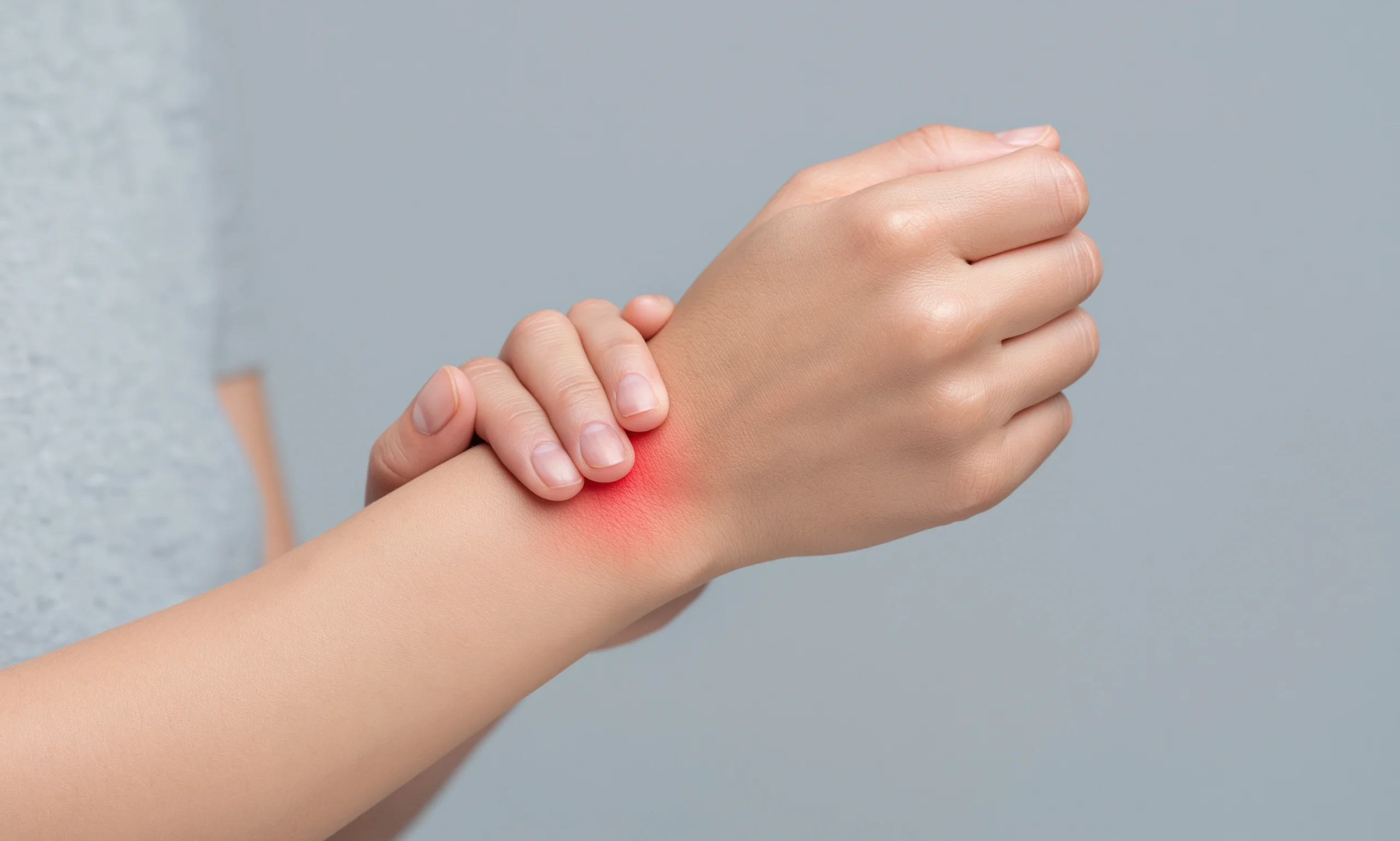 Person holding a painful wrist with redness highlighting the area affected by carpal tunnel syndrome.