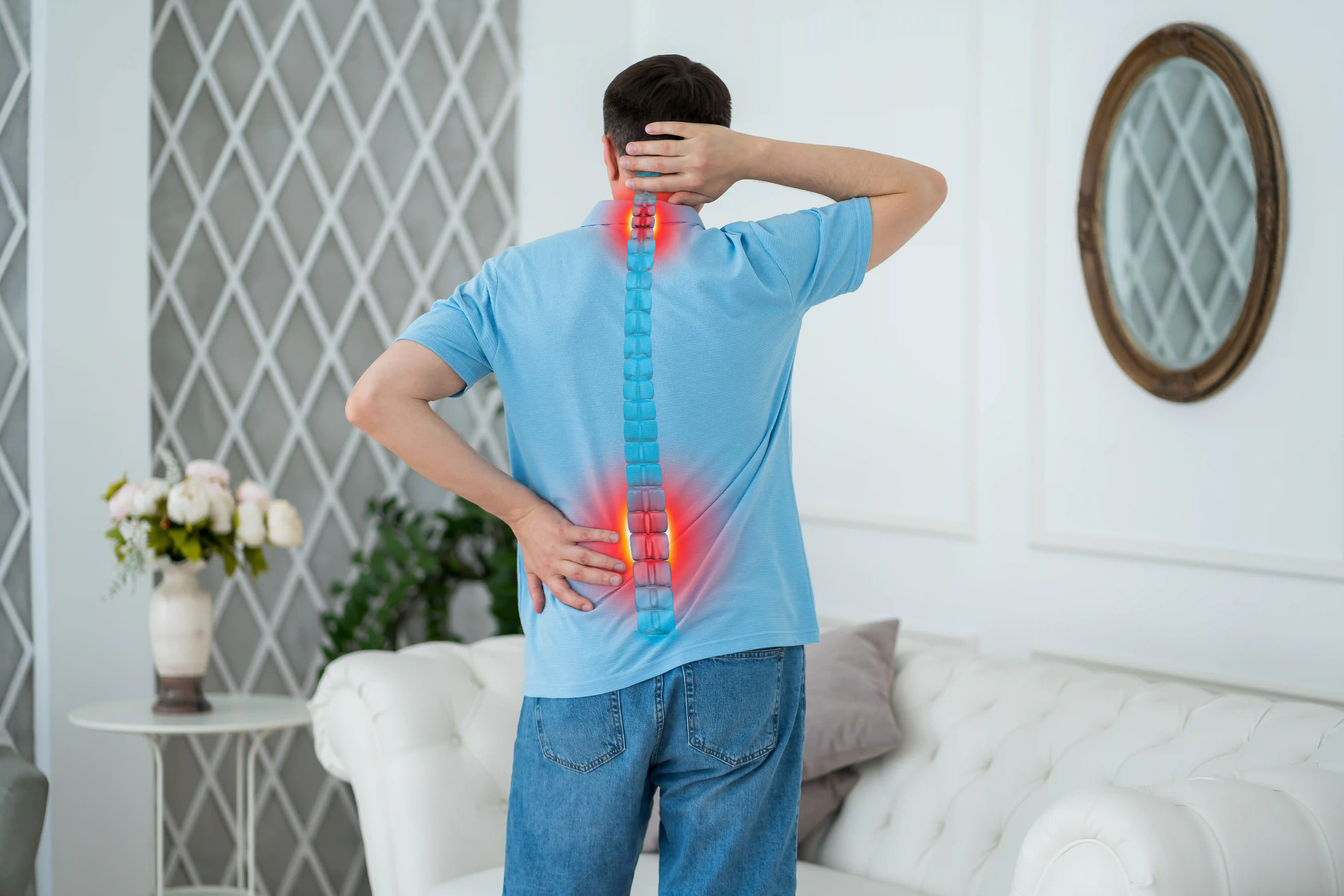 Man experiencing neck and lower back pain with an illustration highlighting the cervical and lumbar spine.