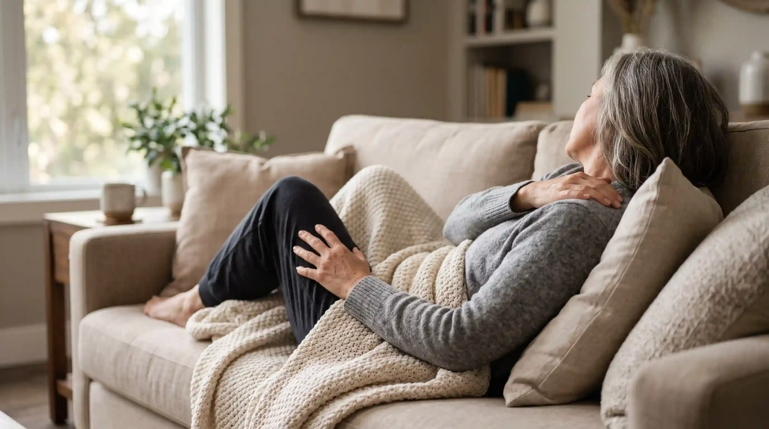 Woman resting on a couch while experiencing widespread muscle and joint pain.