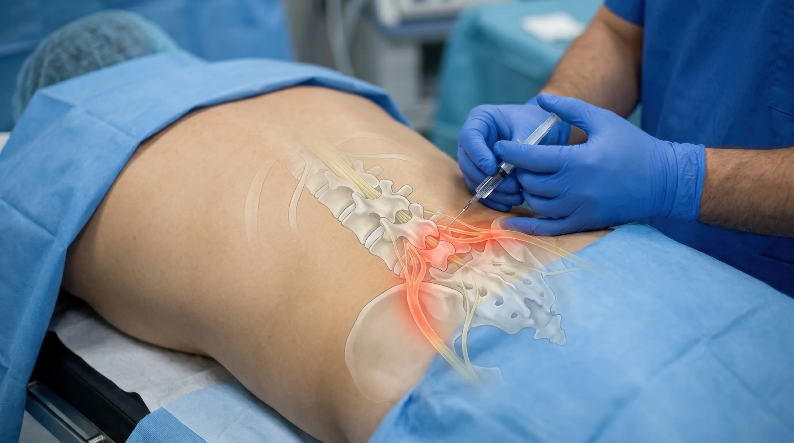 Physician performing a minimally invasive lumbar procedure on a patient with an anatomical overlay of the lower spine and nerves.