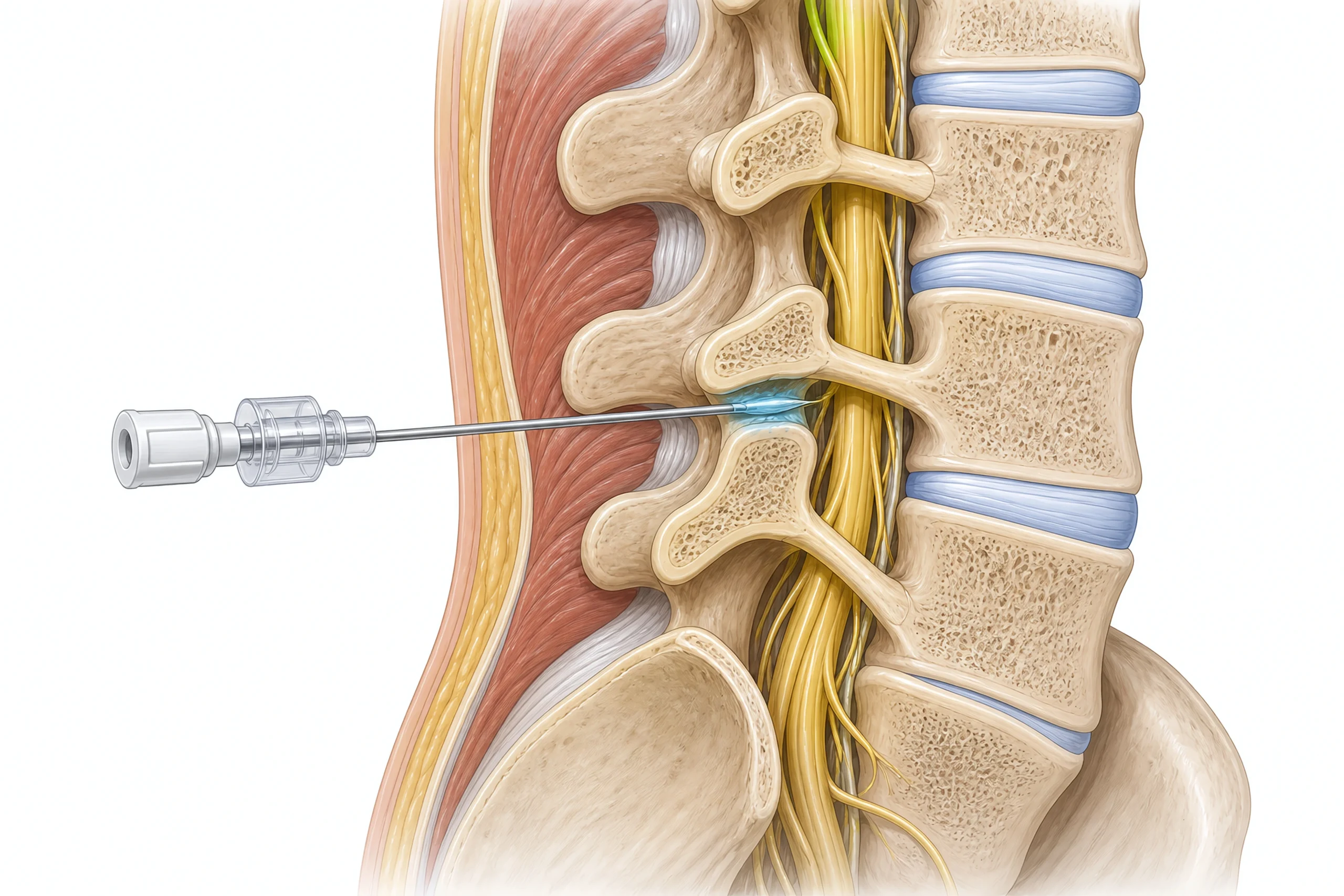 Medical illustration showing a needle positioned near a lumbar spinal nerve for a nerve block injection.
