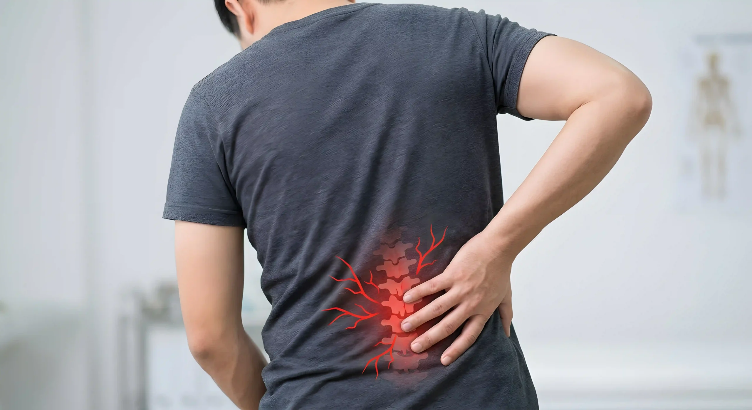 Man holding his lower back with an illustration highlighting irritated nerves and radiating nerve pain.