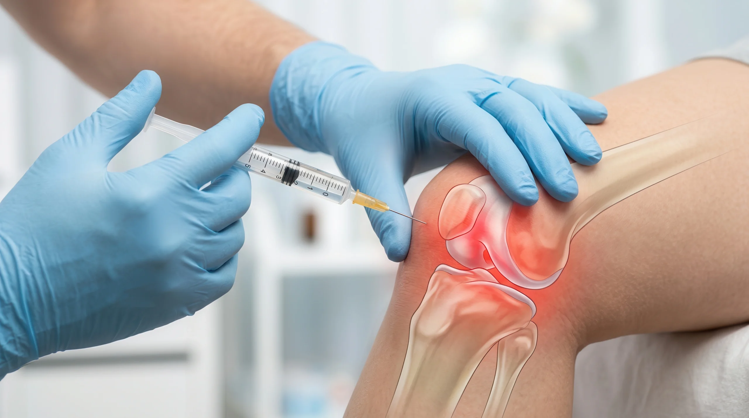 Clinician injecting platelet-rich plasma into a patient's knee joint