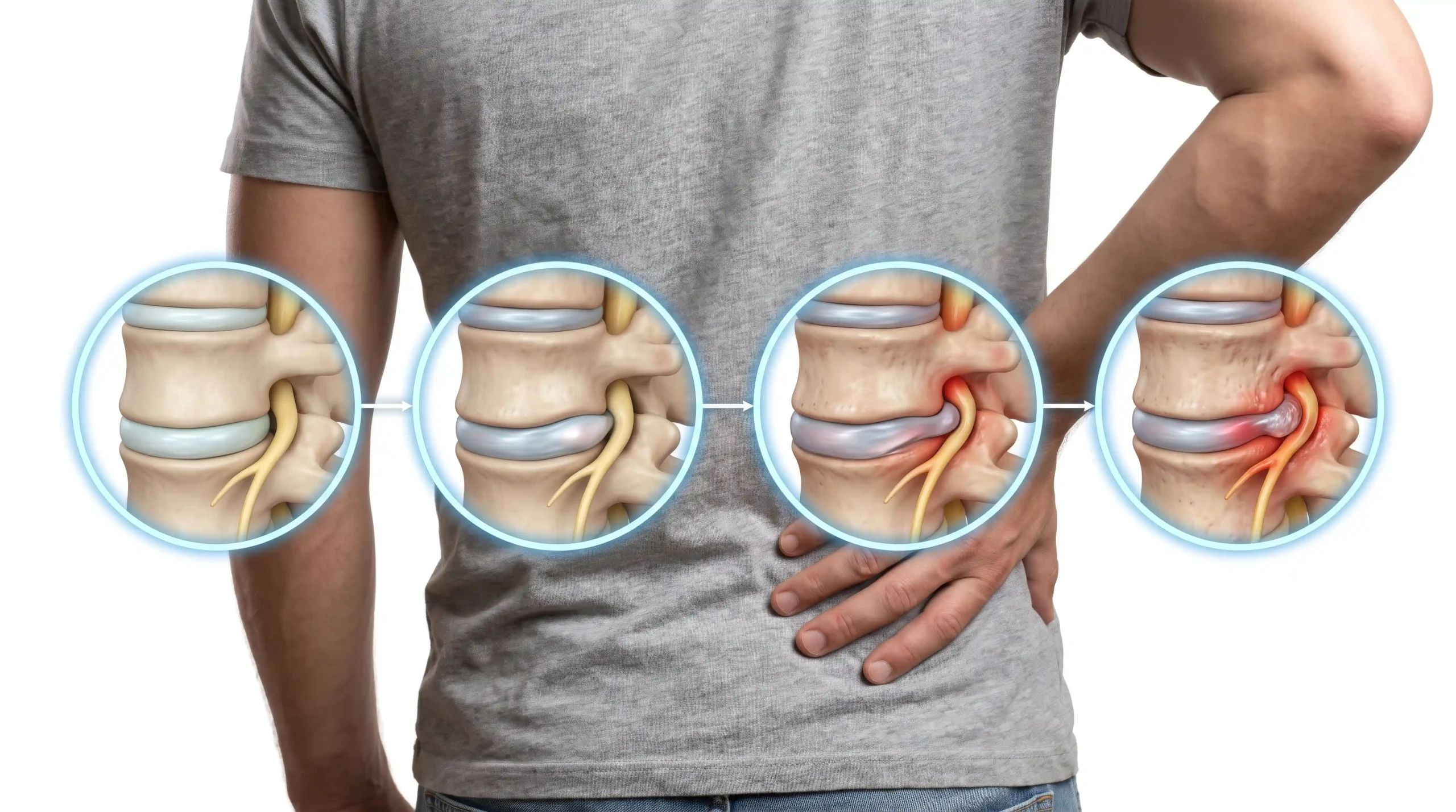 Man experiencing lower back pain with illustrations showing spinal disc degeneration and nerve compression.