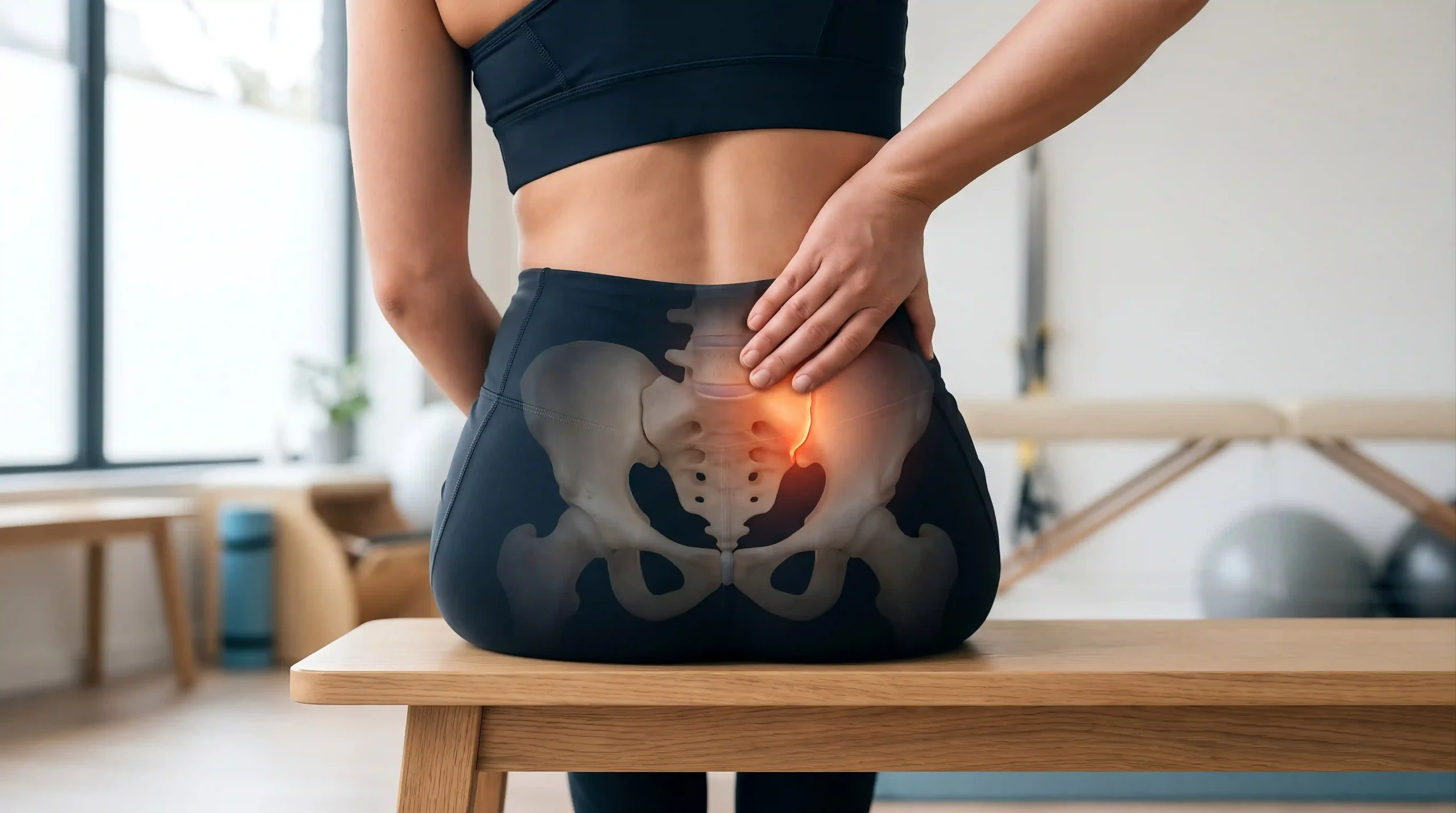 Woman holding her lower back with an illustration highlighting pain in the sacroiliac joint.