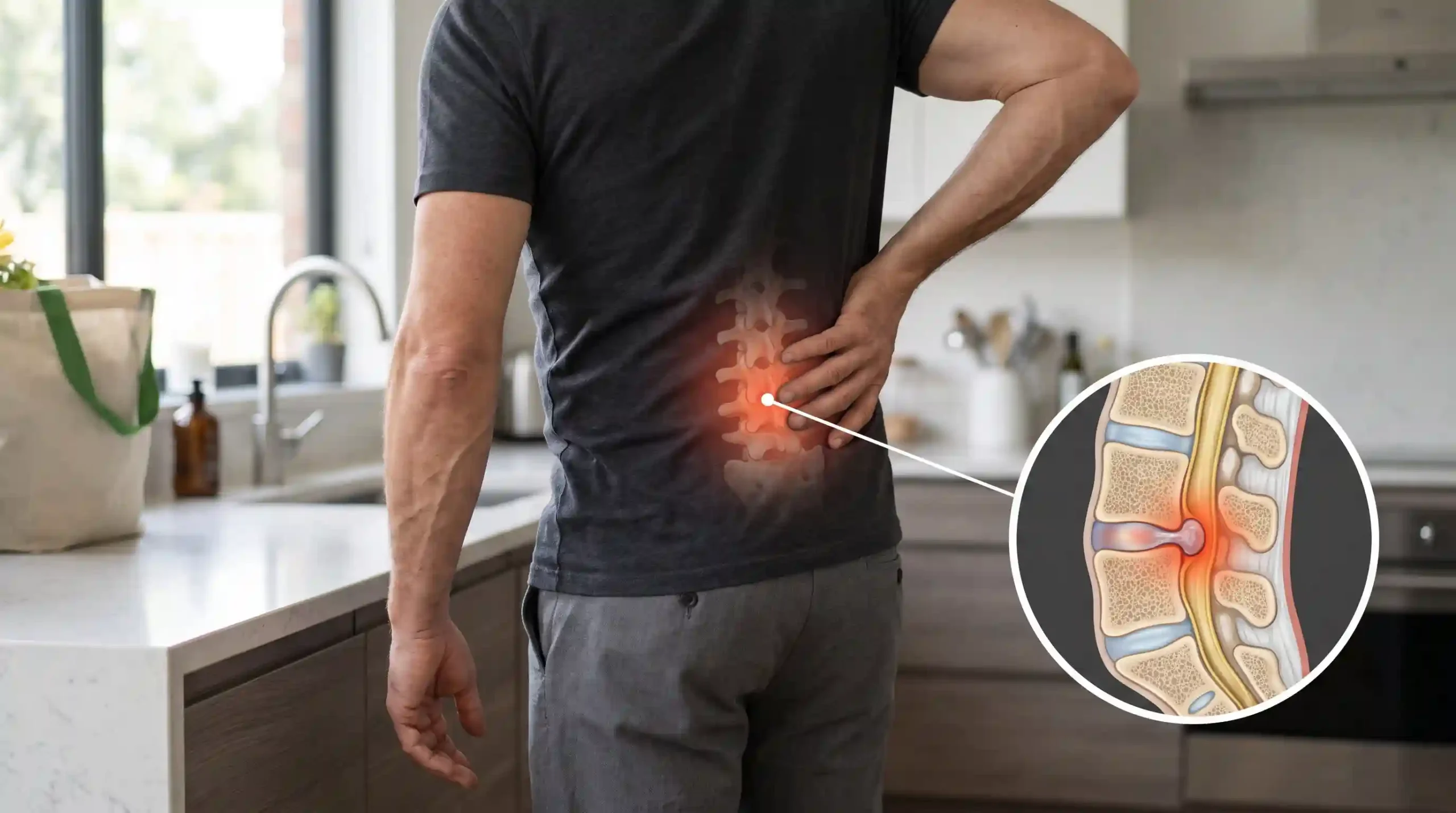 Man experiencing lower back pain with an illustration showing a herniated disc pressing on a spinal nerve.
